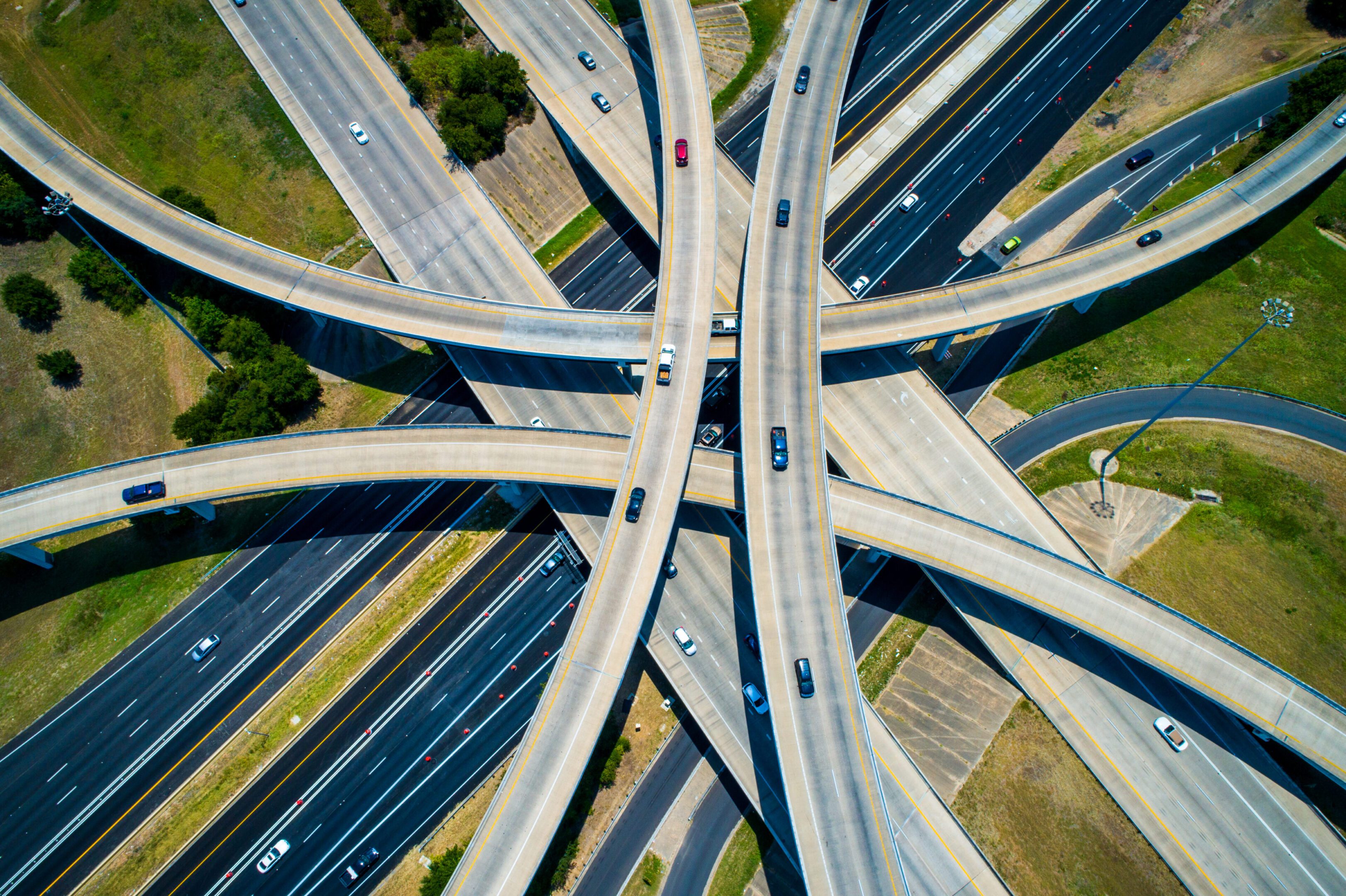 Aerial view of complex highway interchange.